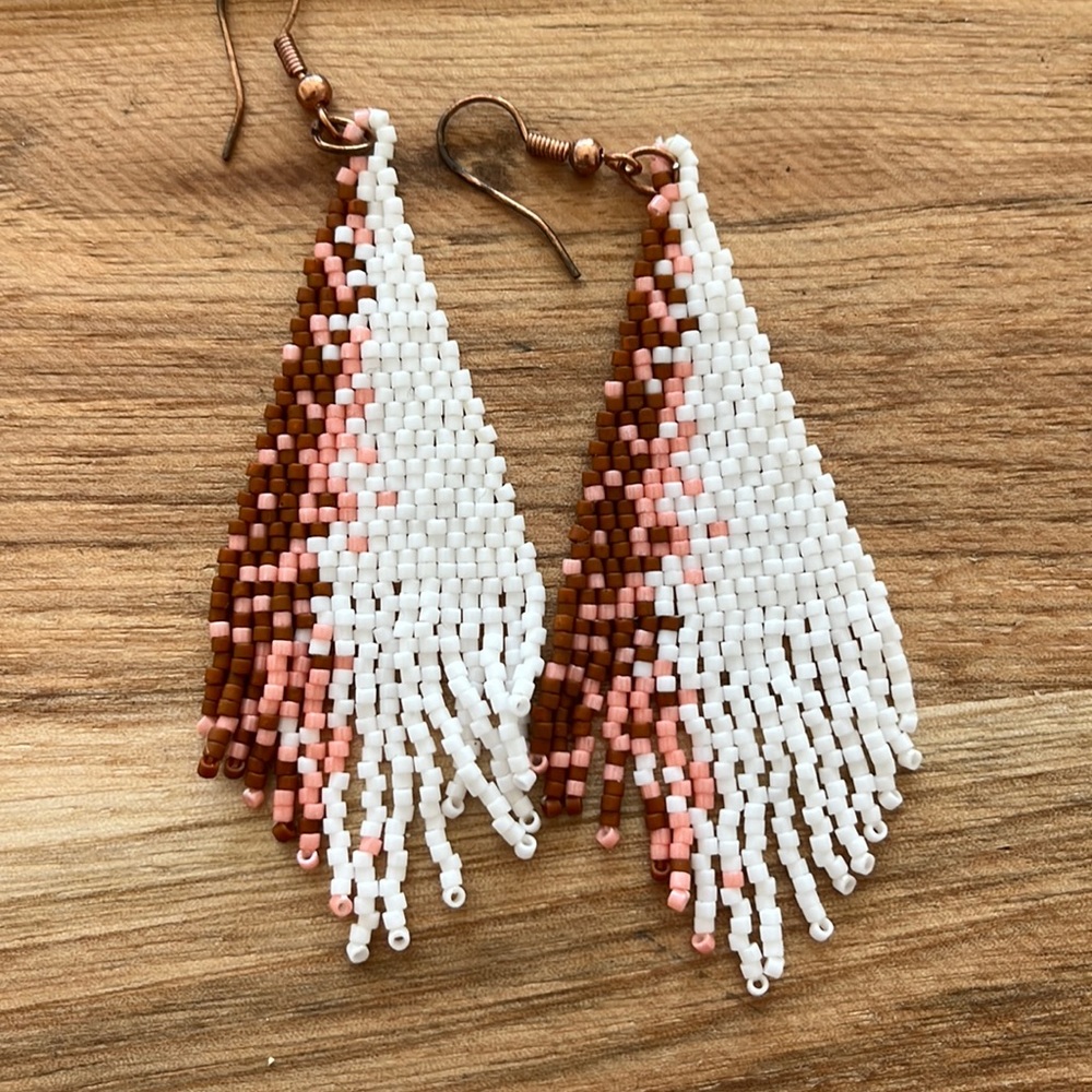 White and peach beaded earrings